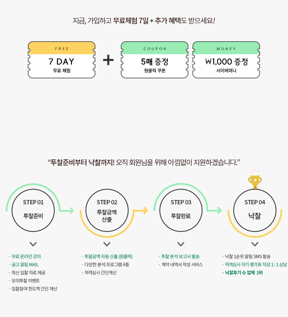 투찰준비부터 낙찰까지! 오직회원님을 위해 아낌없이 지원하겠습니다.